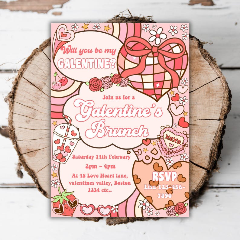 K&ouml;nnte beinhalten: Eine rosa und wei&szlig;e Einladungskarte mit einem Comic-Herz und dem Text "Will you be my GALENTINE?" und "Join us for a Galentine's Brunch". Die Karte enth&auml;lt auch das Datum, die Uhrzeit und den Ort der Veranstaltung sowie eine Telefonnummer f&uuml;r RSVP.
