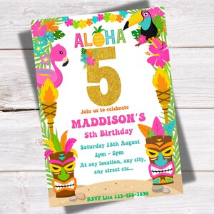 Printable Hawaiian Luau Girls 5th Birthday Invitation Tropical Pool ...