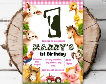 May include: A pink and white farm animal themed first birthday party invitation with a large black number one, the words "Maddy's 1st Birthday", and the date and time of the party. The invitation features a variety of farm animals including a cow, a horse, a pig, a donkey, a rooster, a lamb, a duck, and a bunny.