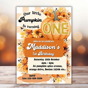 Printable Pumpkin 1st Birthday Invitation Girls Retro Fall Turning One Flowery Editable Autumn ...
