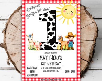 May include: A red and white checkered invitation for a farm-themed first birthday party. The invitation features a cow-print number one, a smiling sun, and farm animals. The text on the invitation reads "Calling all Party Animals!" and "Matthew's 1st Birthday".