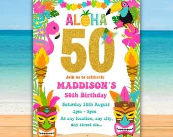 Printable Hawaiian Luau adult aloha 50th birthday invitation Tropical pool party editable tiki invite turning fifty Hula evite template D7