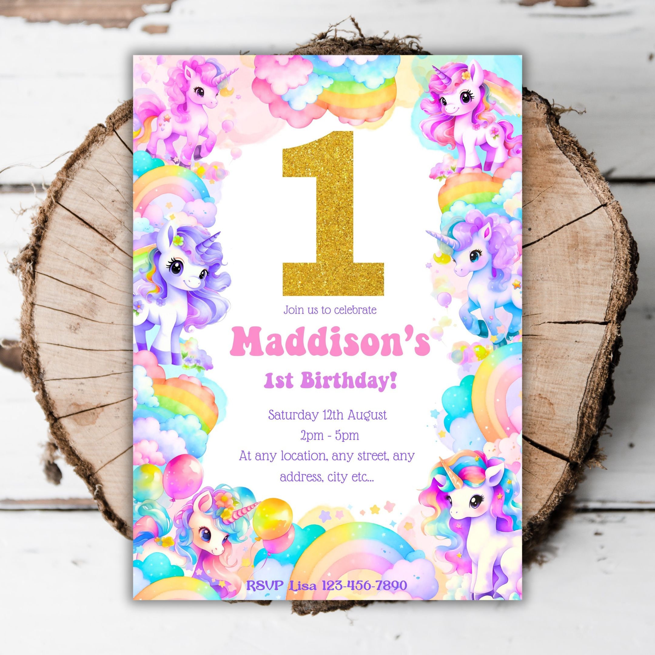 Printable Rainbow Unicorn Girls 1st Birthday Invitation Magical Unicorn ...