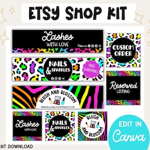 May include: An Etsy shop kit featuring digital banners and icons with neon leopard and zebra prints. Text includes Lashes With Love, Nails & Sparkles, Custom Order, Reserved Listing, and Blush and Blossom. The graphics feature makeup illustrations and social media icons.