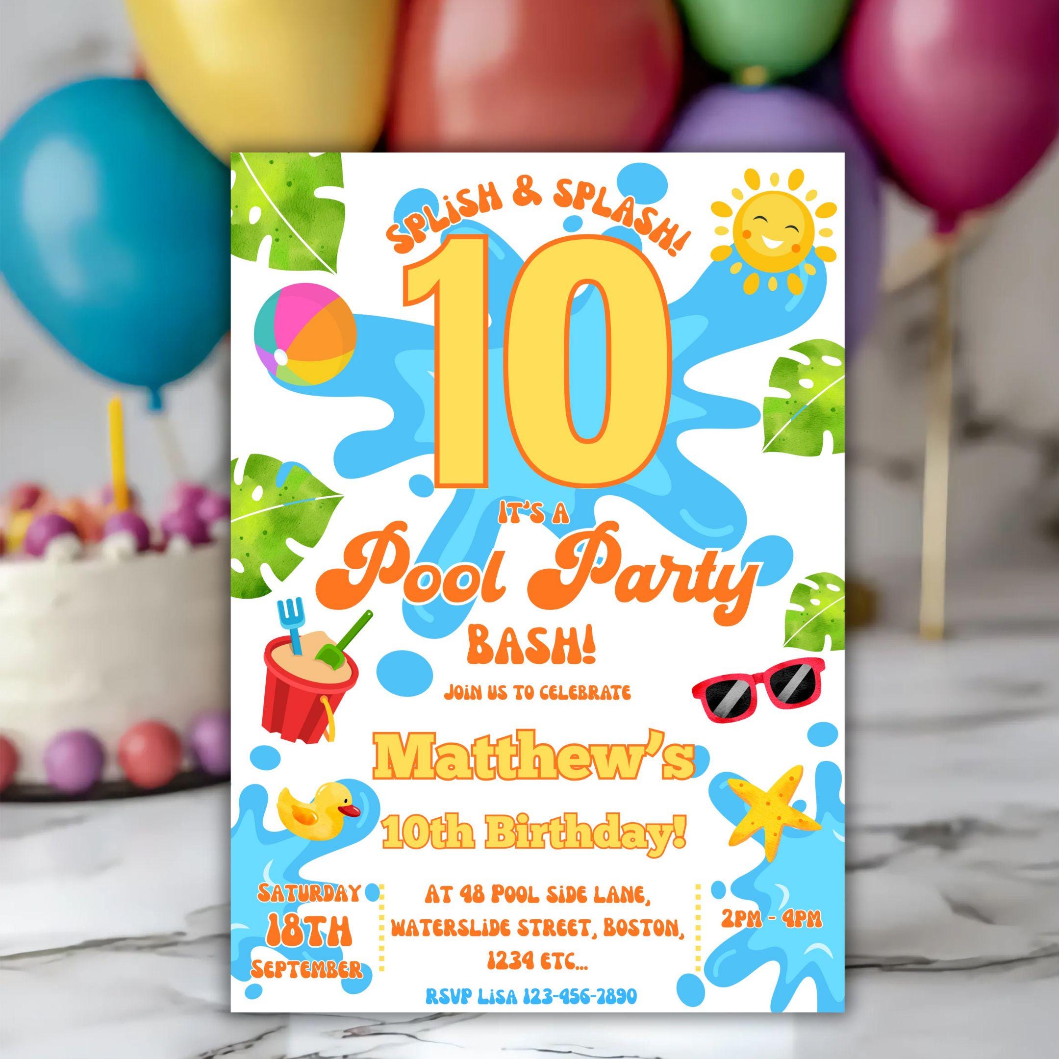 Printable Pool Party 10th Birthday Invitation Waterpark Editable Boys ...