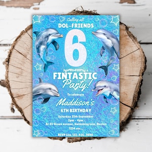 Printable Dolphin 6th birthday invitation girls under the sea dolphin editable pool party turning six fintastic fish pod evite template J2