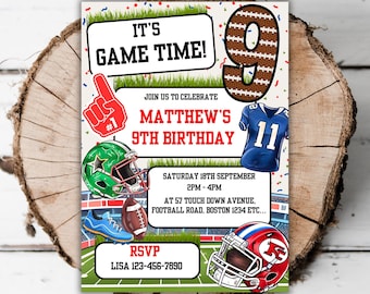 May include: A football-themed birthday invitation for a 9-year-old boy named Matthew. The invitation features a football helmet, a football jersey, and a football-shaped number 9. The text on the invitation reads "It's Game Time!" and "Join us to celebrate Matthew's 9th Birthday".