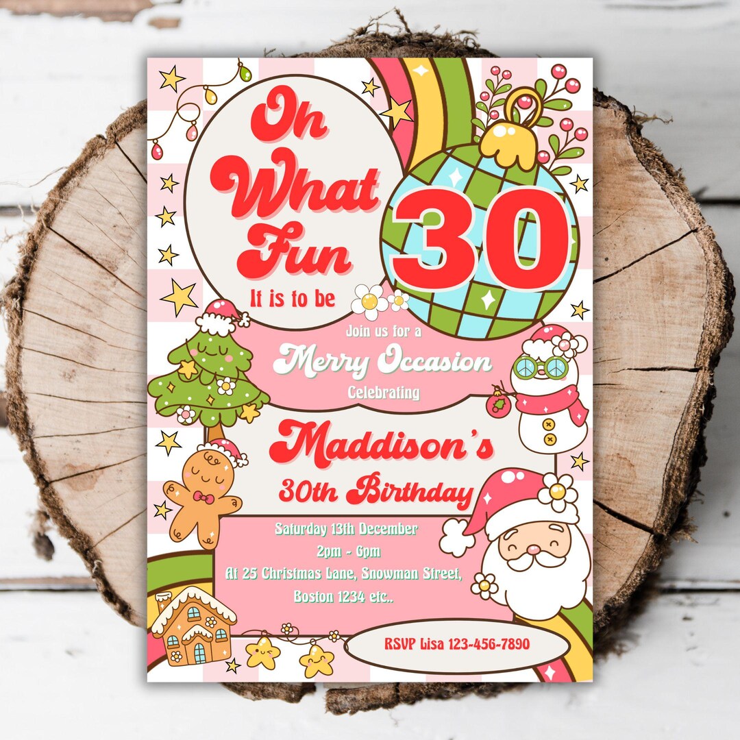 Printable Christmas 30th Birthday Invitation Girl Retro Oh What Fun Printable Christmas 30th Birthday Invitation Girl Retro Oh What Fun