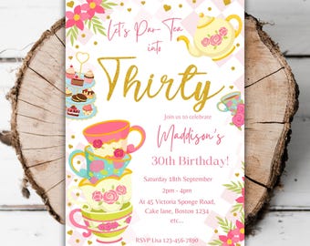 Invitación imprimible para fiesta de té, fiesta de cumpleaños número 30, té de la tarde, fiesta de té para mujeres, fiesta de té para cumplir treinta, plantilla floral para E-mail J6