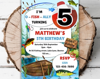 Printable Fishing 5th birthday invitation boys 5th birthday fishing boat editable birthday turning five reel in the fun evite template K4