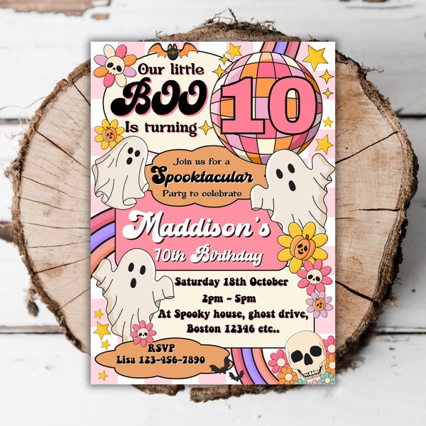 Printable Halloween 10th birthday invitation girls Retro spooky 10th ghost editable groovy hippie Halloween turning ten evite template G1