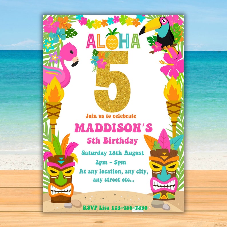 Printable Hawaiian Luau Girls 5th Birthday Invitation Tropical Pool ...