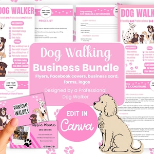 Könnte beinhalten: Ein Vorlagen-Set für ein Hundegeschäft mit rosa-weißen Flyern, Formularen und Visitenkarten, verziert mit Hundeillustrationen, Pfotenabdrücken und Texten wie Dog Walker, Pawsome Walkies sowie dem Hinweis Edit in Canva.