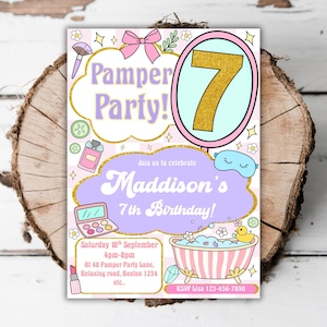 Afdrukbare uitnodiging 7e verjaardagsfeestje verwenfeestje sleepover spa dag bewerkbare meisjes 7e verjaardag make-over draaien zeven evite sjabloon L7