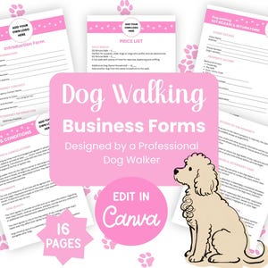 Könnte beinhalten: Ein Set aus sechzehn Geschäftsformularen für Hundespaziergänge mit rosa Kopfzeilen, Pfotenabdrücken und einer beigen Hundeillustration. Die Dokumente umfassen ein Einführungsformular, eine Preisliste, ein Schlüsselformular sowie allgemeine Geschäftsbedingungen.