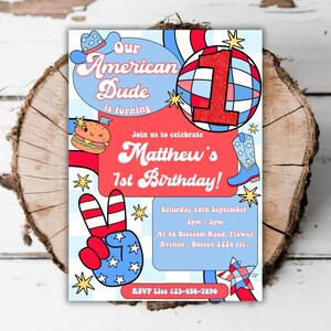 Printable American dude 1st birthday invitation boys 4th July editable red white and blue turning one patriotic birthday evite template L4