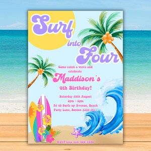 Printable Surf 4th birthday invitation girls surf into four editable beach turning four Retro Surfing pool party waves evite template M4