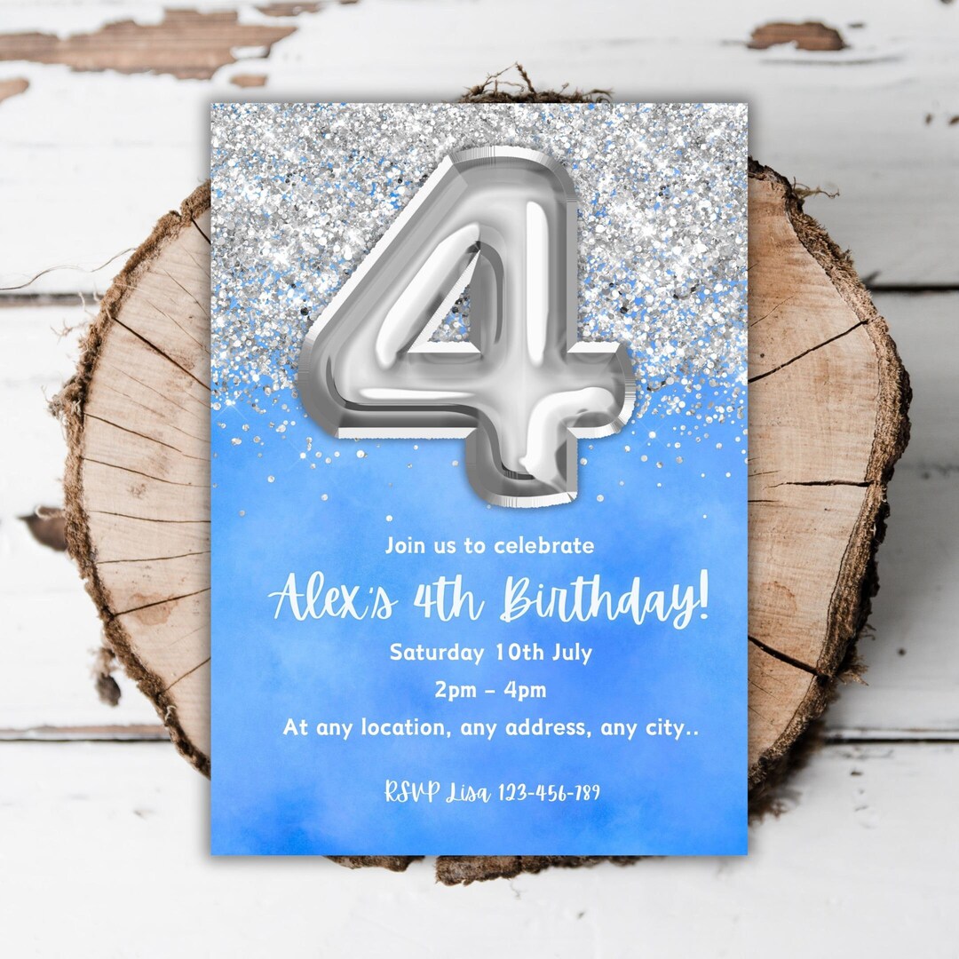 4th Silver Printable Blue Silver 4th Birthday Invitation Glitter Template Foil ...