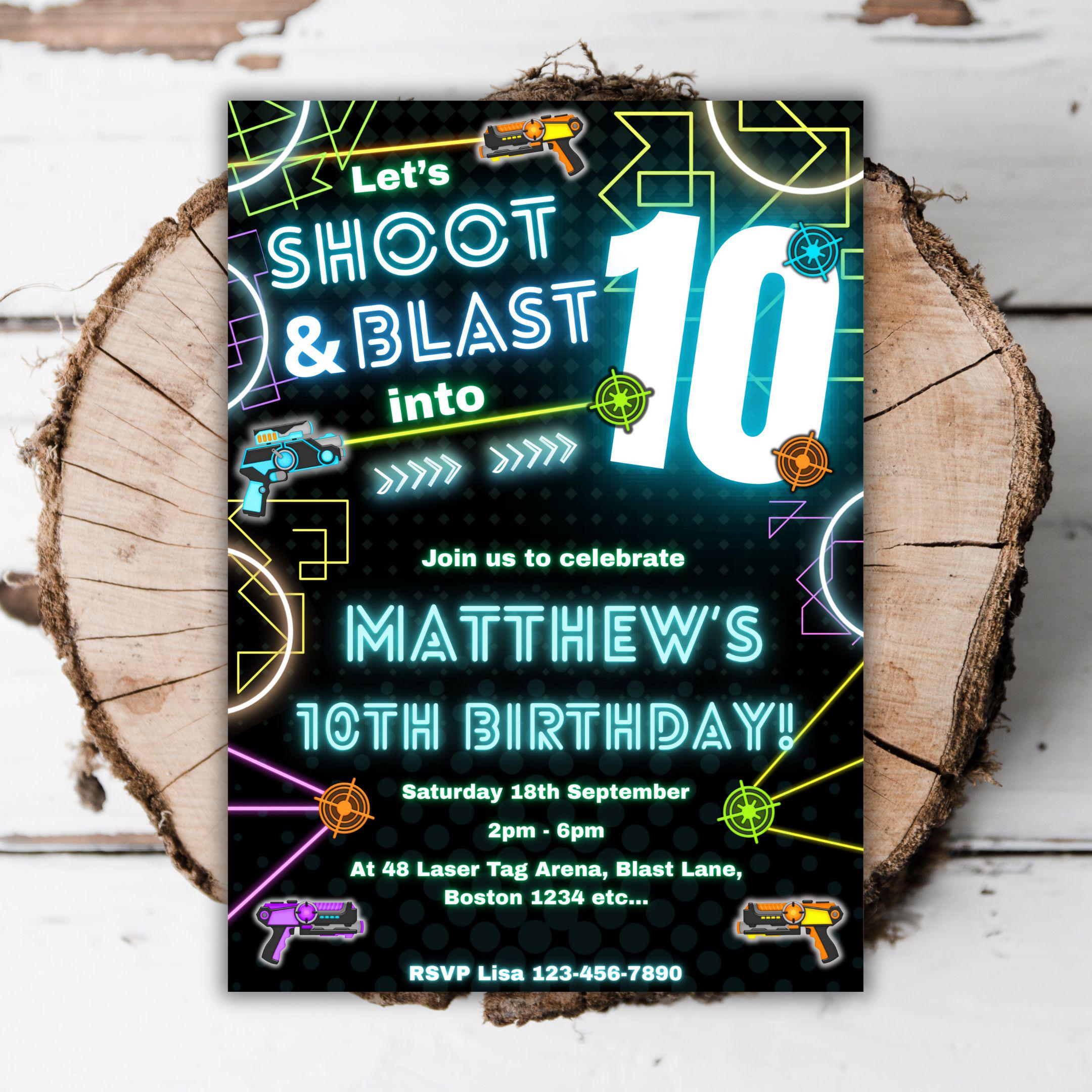 その他 Invitation Printable Laser Tag 10th Birthday Invitation Neon Arcade Editable