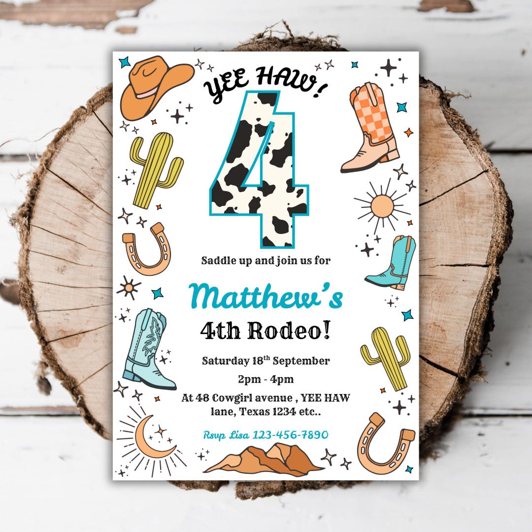 Printable Cowboy 4th Birthday Invitation Boys Wild West Rodeo Editable ...