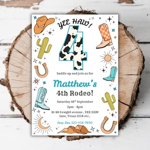 Printable Cowboy 4th birthday invitation boys Wild West rodeo editable ranch country turning four Western southwestern evite template L3