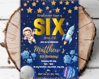 Printable Gold Outer Space birthday party invitation boys astronaut editable template boys 6th birthday invite space turning Six evite C8