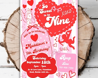 Druckbare Coquette Sweetheart 9. Geburtstag Party Einladung Valentines Mädchen 9. Geburtstag Mädchen Herz drehen 9