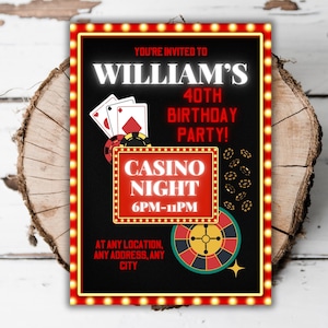 Invitation imprimable à une fête d'anniversaire de casino, modèle de soirée poker, cartes à jouer de casino modifiables, invitation à une fête d'anniversaire adulte casino