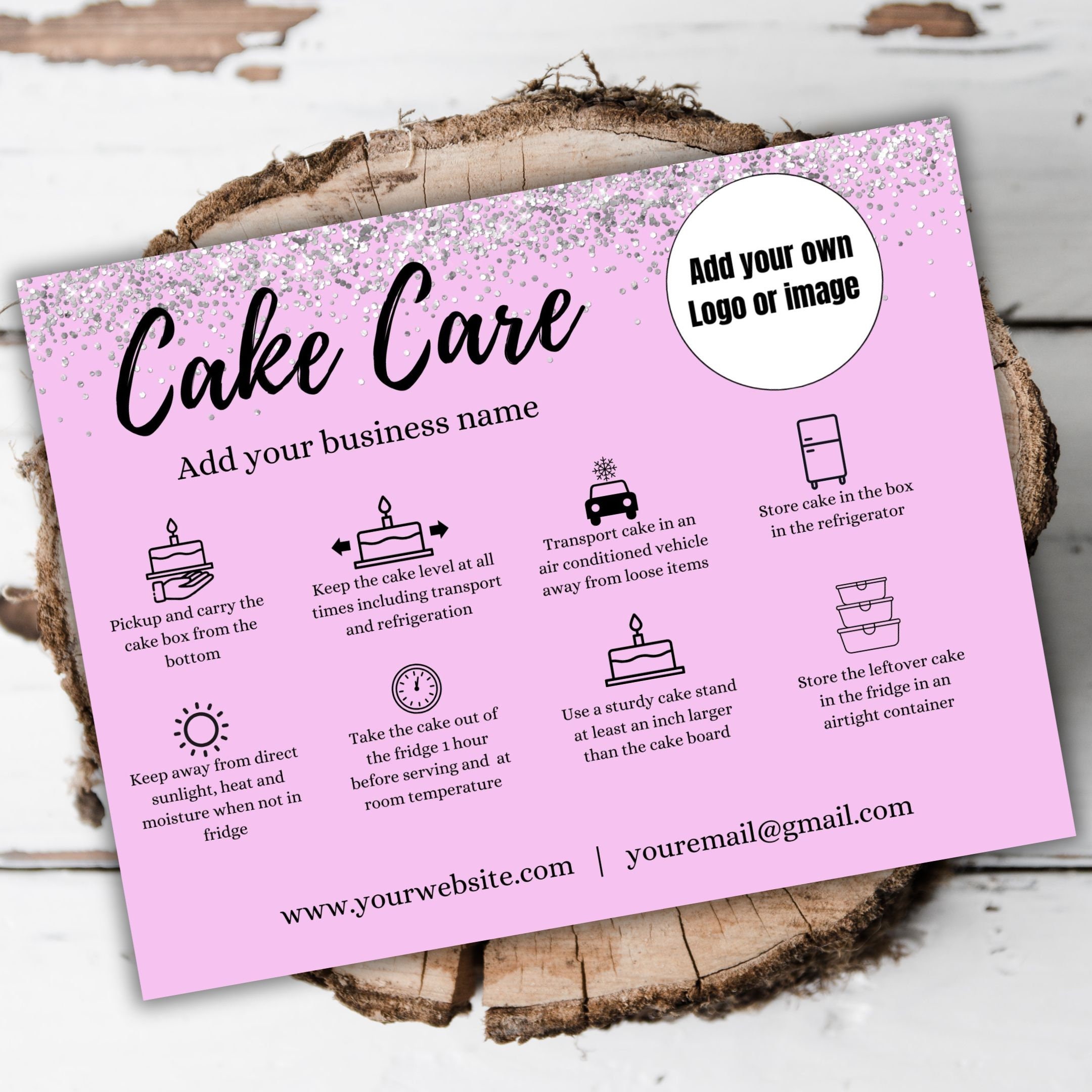 Printable Cake Care Card Template Pink Glittery Cake Care Editable Card ...