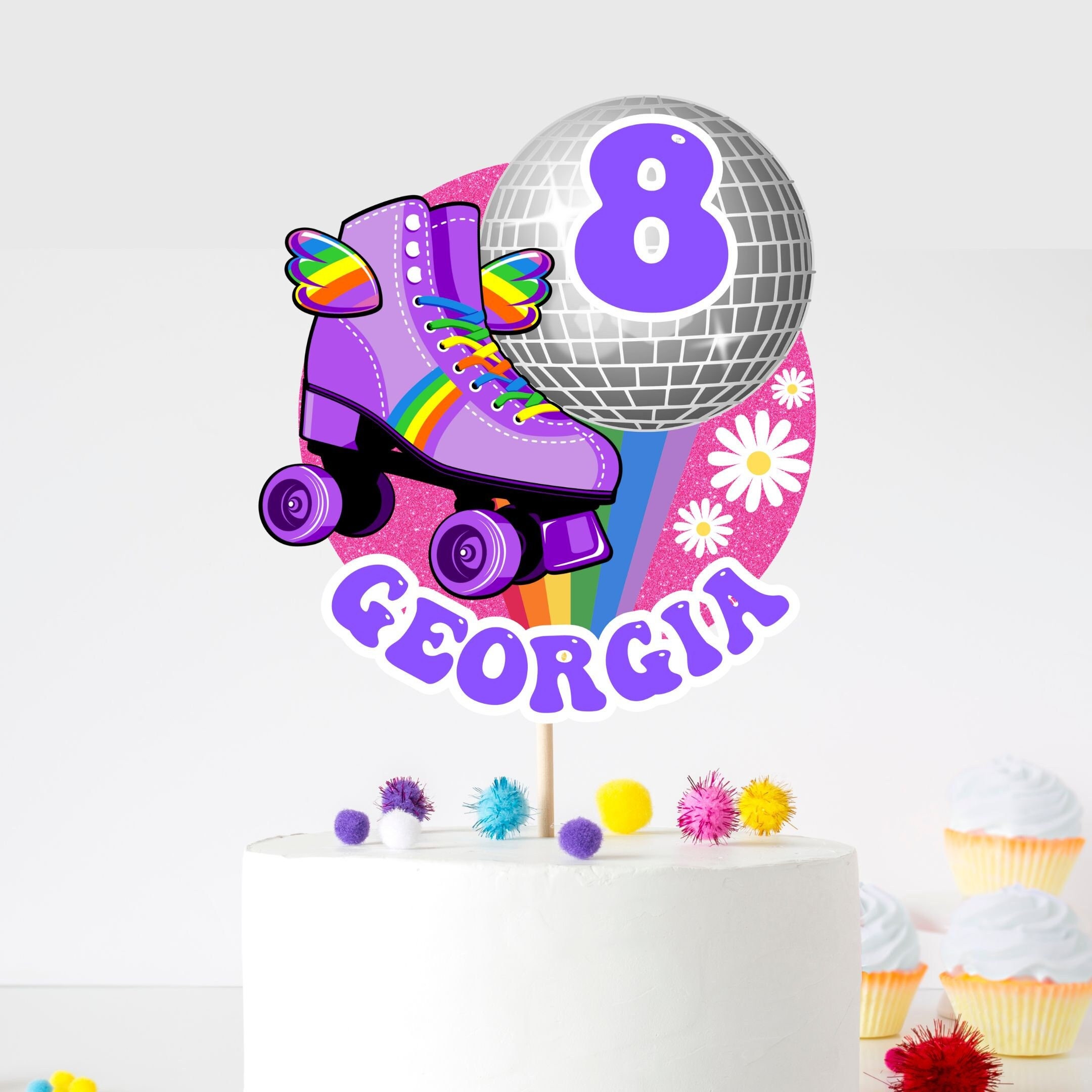 Decorazioni per torte con pattini a rotelle, decorazioni per torte di compleanno retrò con pattini a rotelle, centrotavola stampabile per feste in discoteca con arcobaleno e bagliore al neon, BT39V