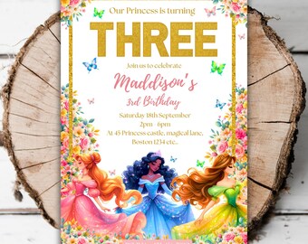 Printable Princess 3rd birthday invitation girls magical castle three editable fairytale princess butterfly turning three evite template I1