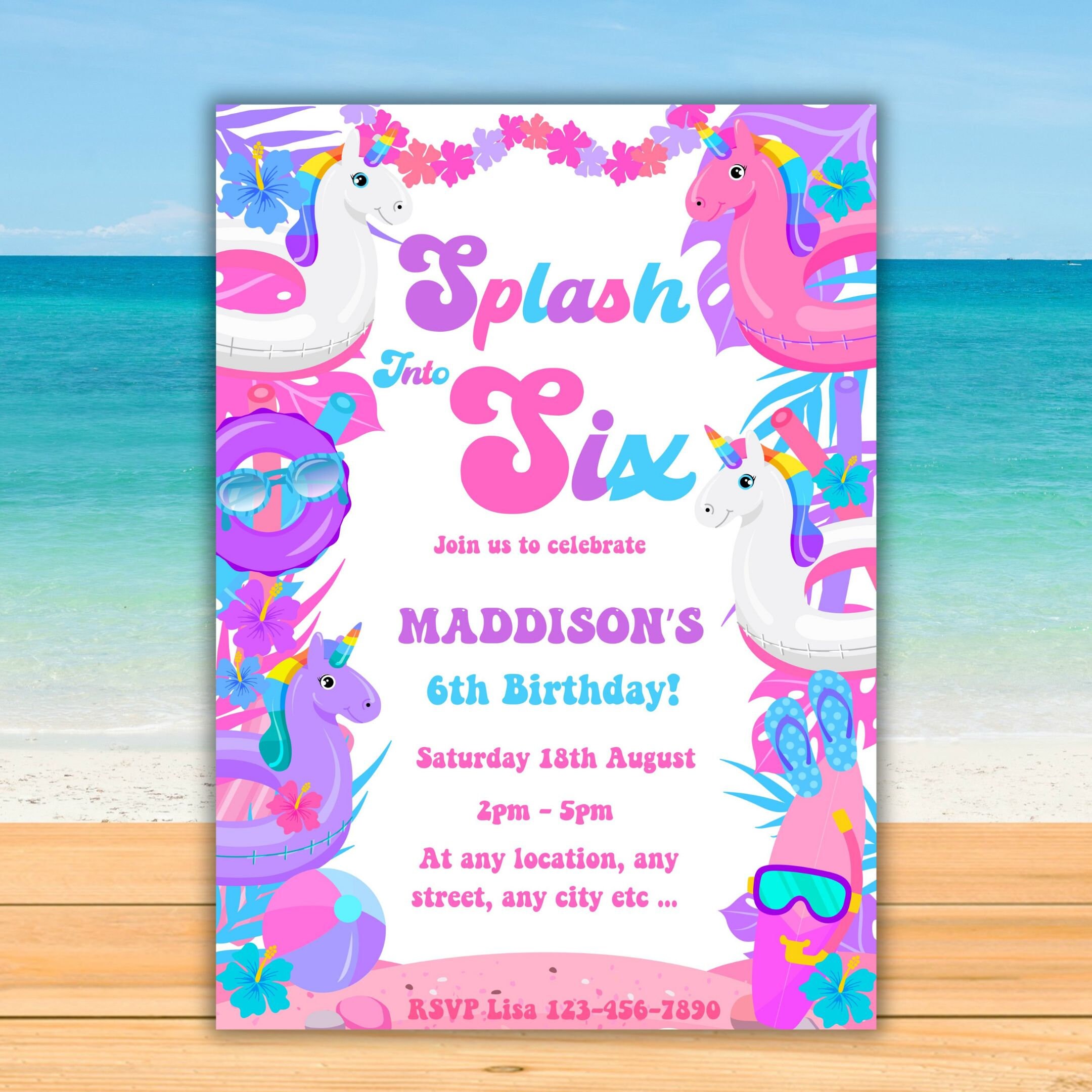 Printable Unicorn Splash Into Six Pool Party Bash Girls 6th Birthday ...