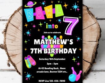 Printable Neon bowling boys 7th birthday invitation glow editable strike up some fun turning seven arcade girls bowling evite template K4