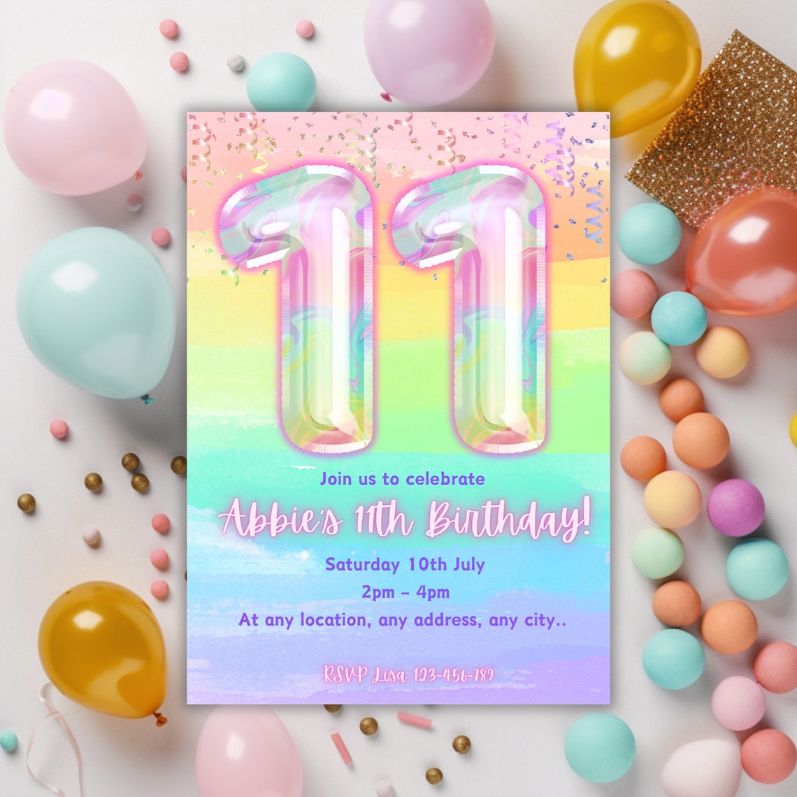 Printable Rainbow Girls 11th Birthday Invitation Glitter Template Foil ...