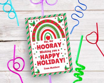 Printable Christmas straw tag editable silly straw sip sip hooray happy holidays gift tag drinks tag classroom students crazy straw template