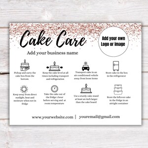 Modèle imprimable de carte d'entretien de gâteau en or rose carte modifiable d'entretien de gâteau guide d'entretien des gâteaux professionnels instructions de gâteau gâteau de mariage