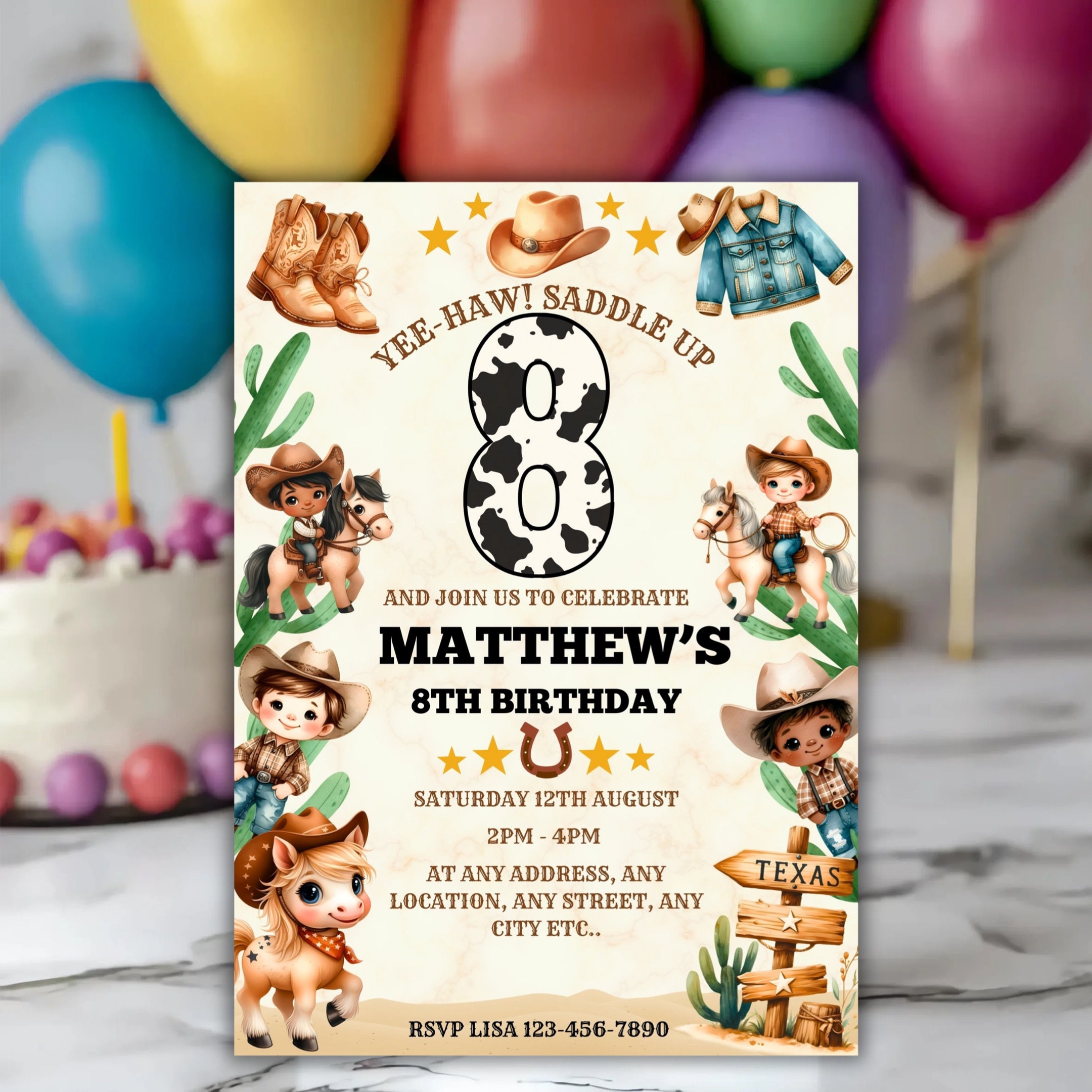 Printable Cowboy 8th Birthday Invitation Boys Wild West Rodeo Editable ...