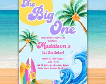 Printable Surf 1st birthday invitation girls The Big One editable beach turning one Retro Surfing pool party waves evite template M4