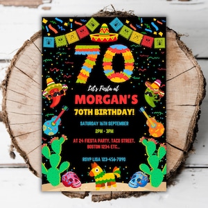 May include: A black and colorful invitation for a 70th birthday party with a Mexican fiesta theme. The invitation features a large number 70 decorated with colorful streamers, a sombrero, and a guitar. The text reads "Let's Fiesta at Morgan's 70th Birthday! Saturday 16th September 2PM-3PM AT 24 Fiesta Party, Taco Street, Boston 1234 ETC... RSVP Lisa 123-456-7890".
