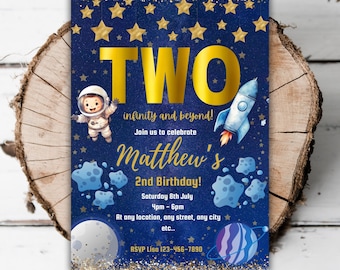 Printable Gold Outer Space birthday party invitation boys astronaut editable template boys 2nd birthday invite space turning Two evite C8