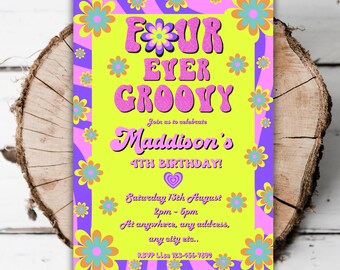 Printable Groovy girls 4th birthday invitation Hippie Four ever groovy editable birthday invite turning four groovy evite template