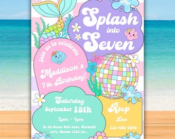 Wydrukuj Pool party 7th birthday invitation waterpark splash edytowalne dziewczyny 7th birthday beach summer pool party skończenie siedmiu szablon 01