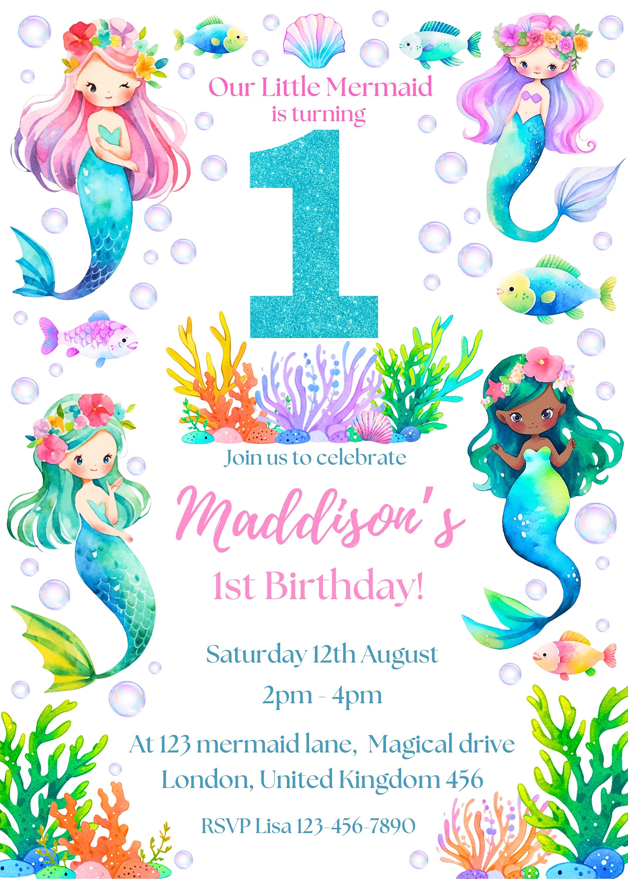 Printable Mermaid 1st Birthday Invitation Girls Tropical Under the Sea ...