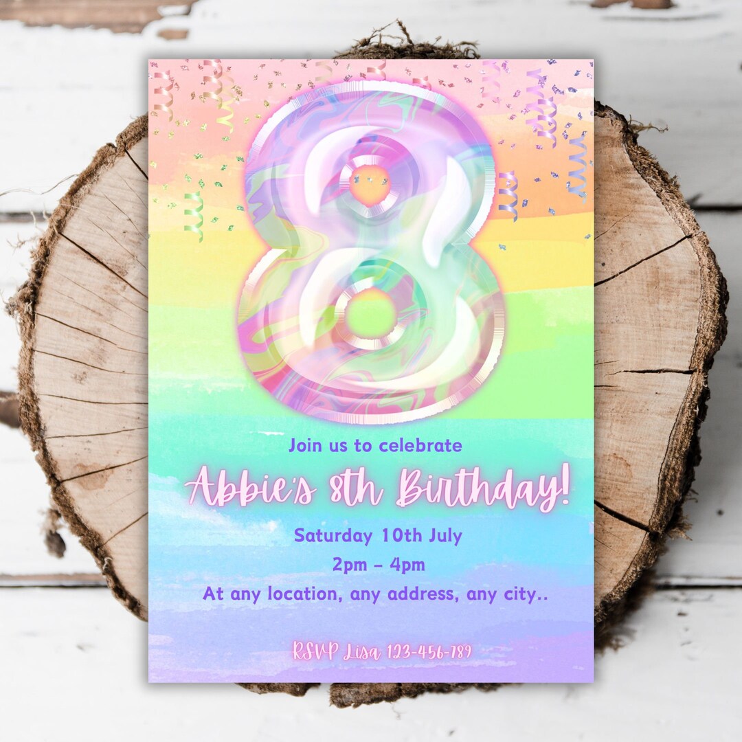 Printable Rainbow Girls 8th Birthday Invitation Glitter Template Foil ...