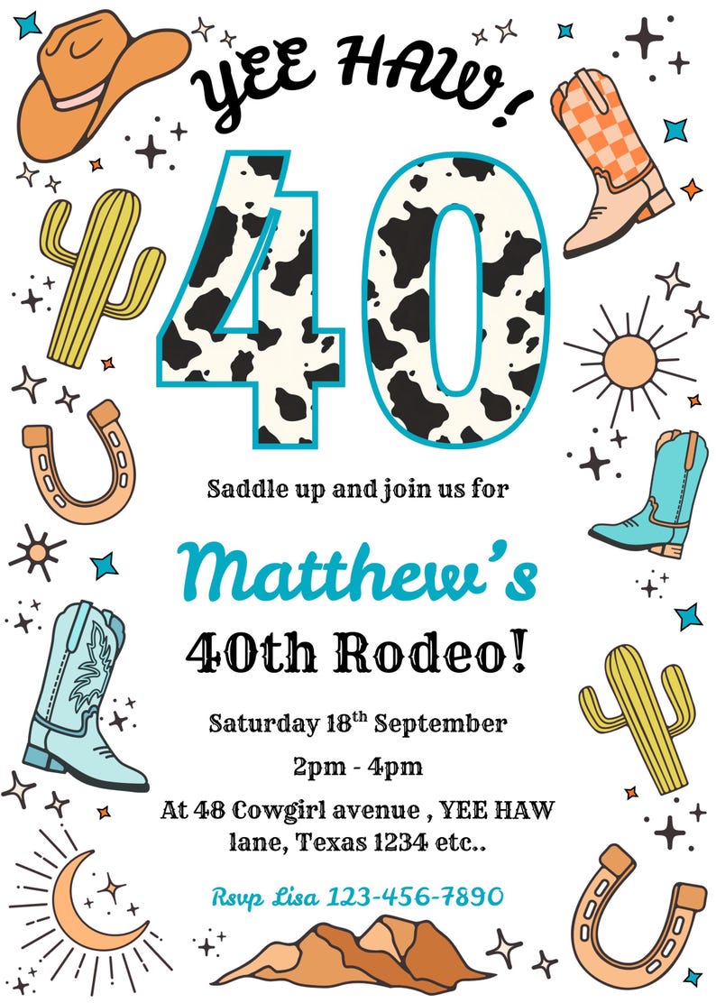 Printable Cowboy 40th Birthday Invitation Mens Wild West Rodeo Editable ...