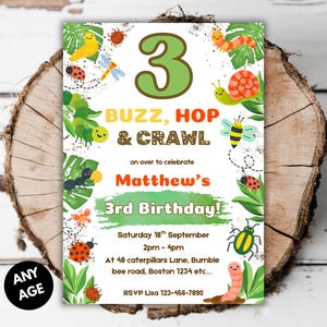 May include: A vibrant birthday invitation with a large green number 3, the words "BUZZ, HOP & CRAWL", and the name "Matthew's" in red. The design includes insect and leaf illustrations, with the text "3rd Birthday!" and event details.