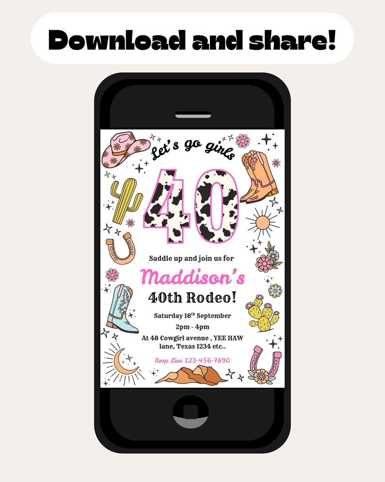 Printable Cowgirl 40th Birthday Invitation Women’s Wild West Rodeo ...