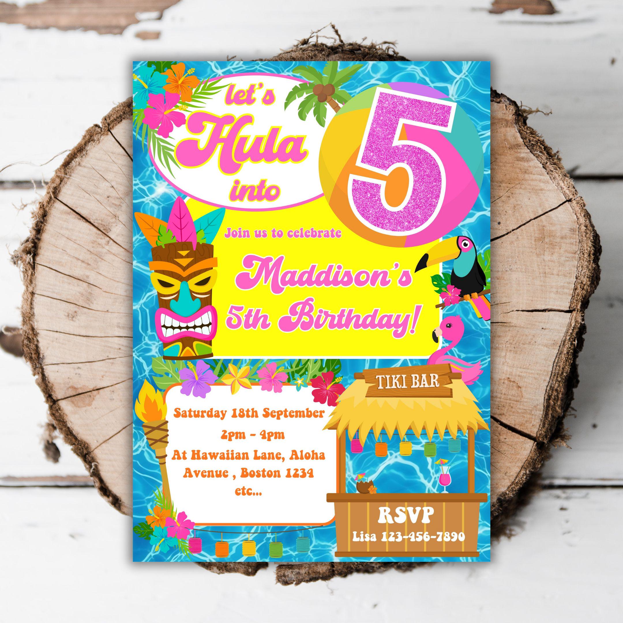 Printable Hawaiian Luau Girls 5th Birthday Invitation Tropical 
