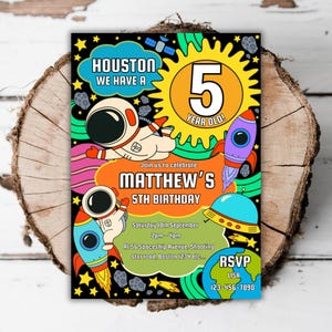 Invitación imprimible para fiesta de quinto cumpleaños del espacio, astronauta, invitación editable para el quinto cumpleaños de niños, nave espacial, cohete, cumpliendo cinco años, plantilla de Evite J4