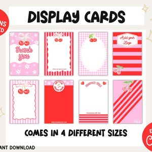 May include: A set of ten rectangular display cards featuring cherry motifs, pink and red color palettes, and various patterns including stripes and gingham. The cards include text such as thank you, add your logo, and product title, designed for editing.